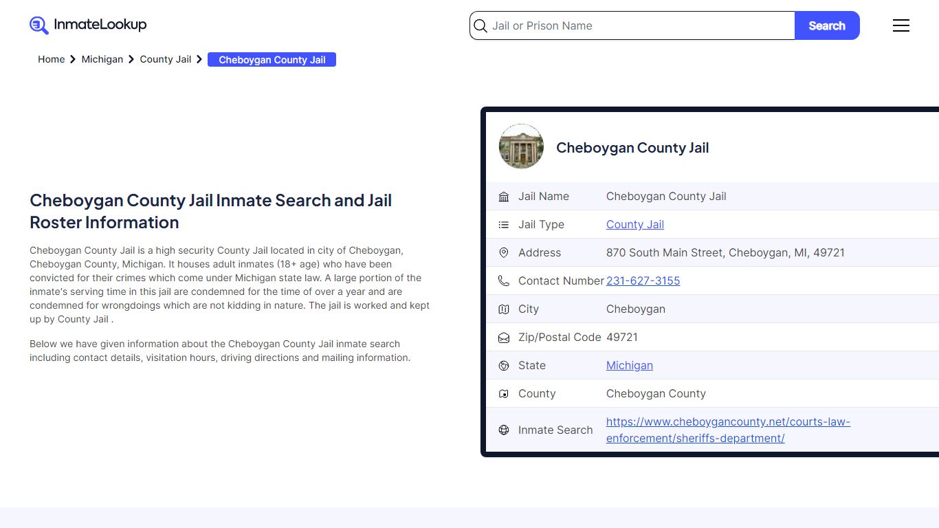 Cheboygan County Jail Inmate Search and Jail Roster Information